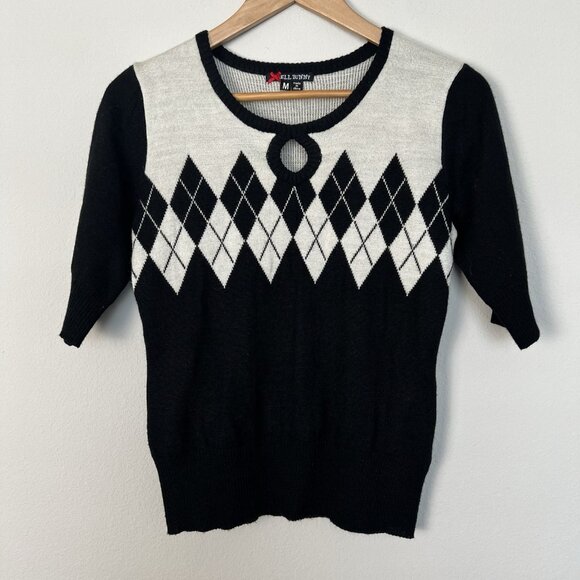 Hell Bunny Sweaters - Hell Bunny Retro Argyle Diamond Short Sleeve Sweater Pinup Classic Size Medium